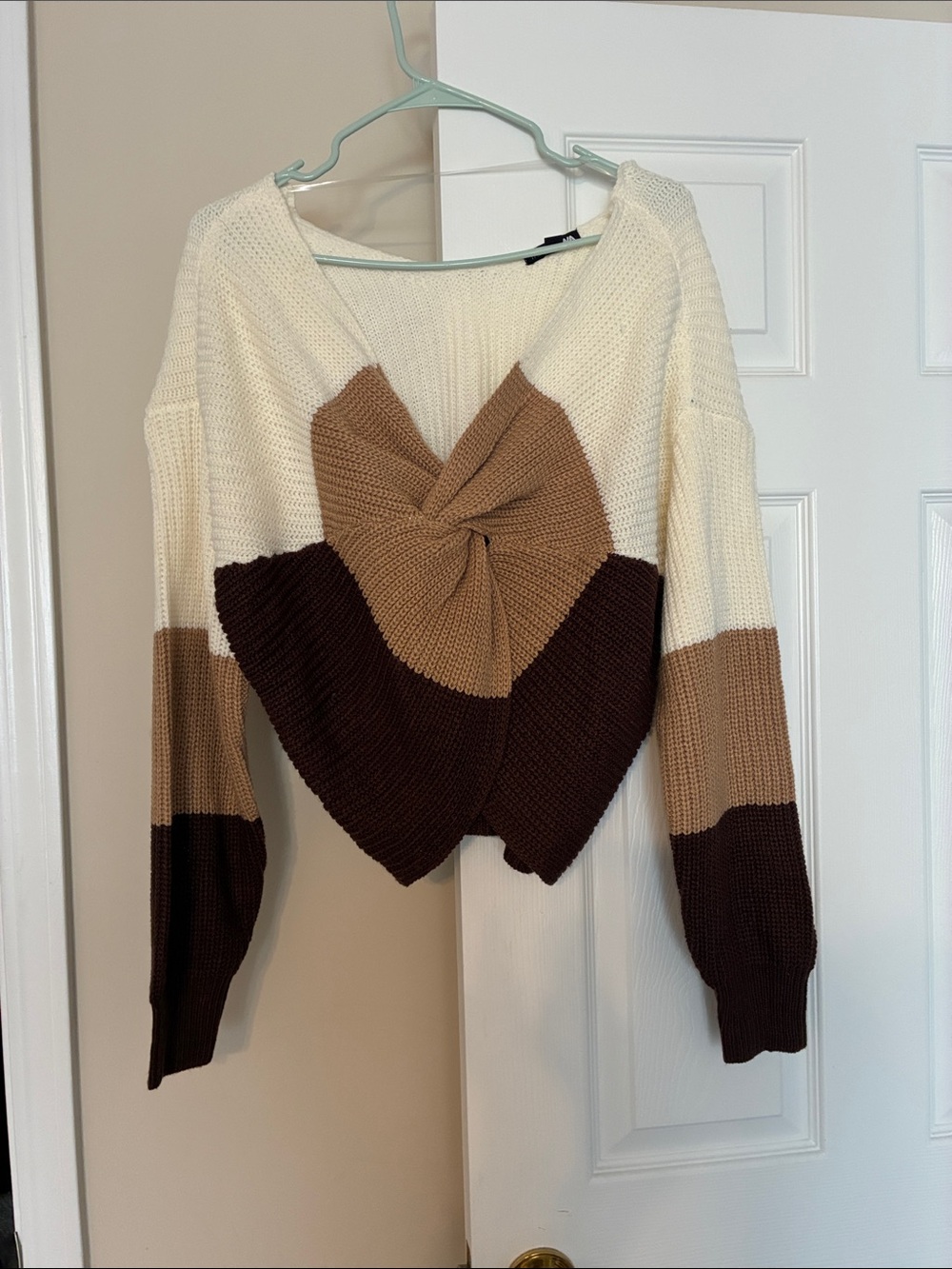 Fashion Nova Cream Tan Brown Twist Front Off-the-Shoulder Sweater